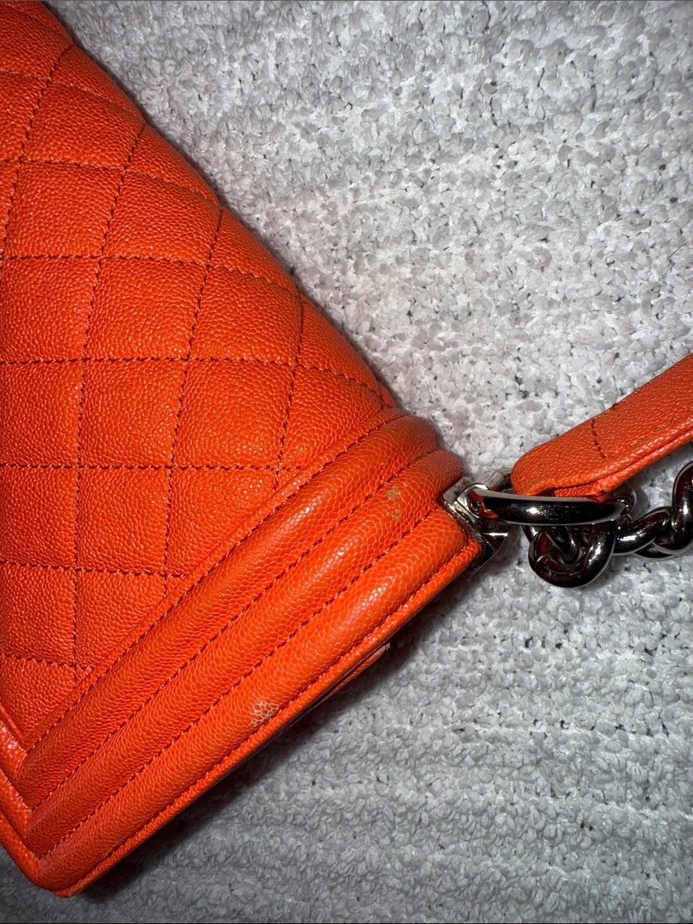 CHANEL Orange Quilted Boy Bag with Silver Chain